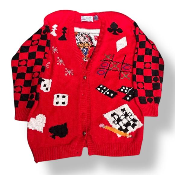 Vintage 90s Northern Isles Red Hand Knit Cardigan Queen Of Hearts Jacks Sweater - Picture 1 of 14